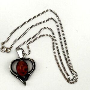 Vintage Baltic Amber Heart Pendant Necklace Sterling Silver 925 17” Chain